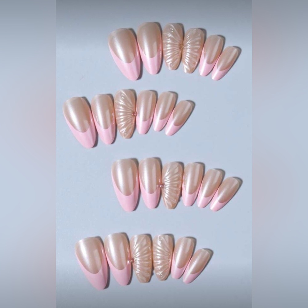 Baby Pink & Pearl Textured French Tip Almond Nail Kit, Press-On Nails, New